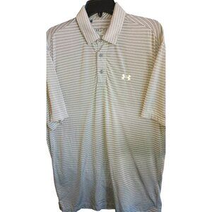 Under Armour Mens Medium Short Sleeve Loose Fit Gray White Striped Polo Shirt Sf